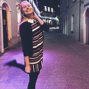 Monteau orange, white and navy blue stripped medium collared dress